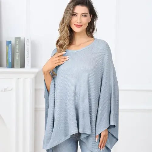 Knit Nursing Cover for Baby Breastfeeding, Organic Cotton Breastfeeding Cover, Warm Cozy Swaddle, Breathable and Soft, Wide Neck with Stretch for Easy View (Light Blue)