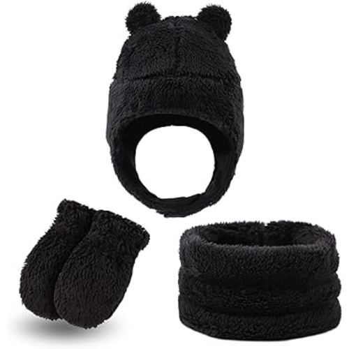 PEECABE Ensemble bonnet et moufles d'hiver en polaire pour tout-petit, bonnet, oreilles, cache-oreilles, écharpes pour bébé garçon et fille