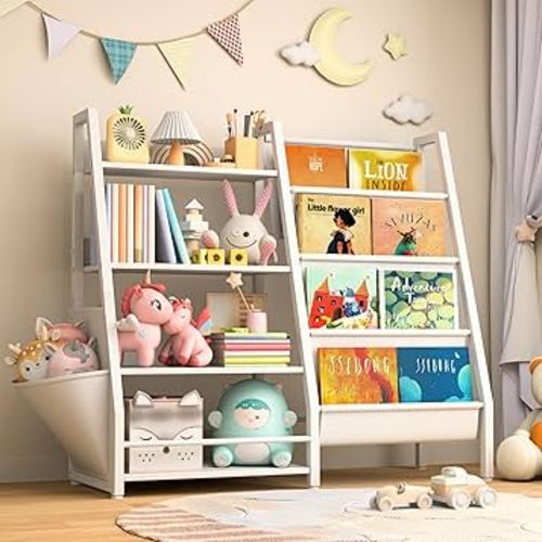 Kids Bookshelf with Extra Pocket, 4 Tier Toddler Bookshelf and Toy Storage Organizer for Kids, Kids Bookcase Nursery Book Shelf for Kids Room, Bedroom, Playroom and Nursery, White