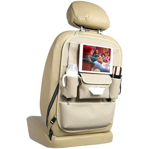 Viaviat Car Seat Organizers Waterproof Backseat Protector with Storage Pocket Large Leather Kick Mats for Kids Pets Automobile SUV Truck (Beige, Large Pocket)