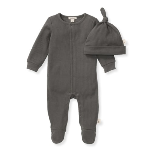 Ribbed Jumpsuit & Hat Set - Dark Gray - Newborn