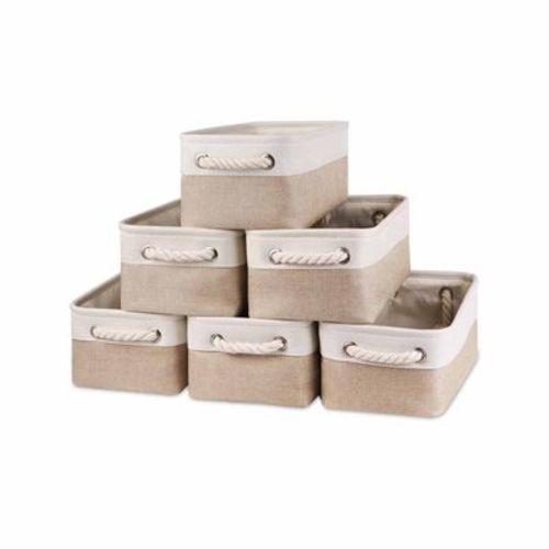 Aoibox Small Fabric Storage Baskets Set of 6 Beige Collapsible Bins 11.8x7.8x5 in Decorative Organizers for Shelves, Bathroom, Baby Room