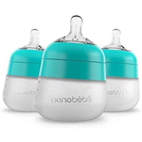 Nanobebe Flexy Silicone Baby Bottle, Anti-Colic, Natural Feel, Non-Collapsing Nipple, Non-Tip Stable Base, Easy to Clean 3-Pack, Teal, 5 oz