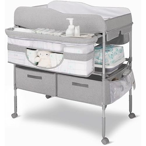Portable Baby Changing Table, Foldable Changing Station with Nappy Mats, Baby Pots, Locking Wheels, Safety Belt & Large Storage, Ideal for Newborn and Infants