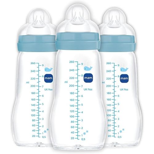MAM Premium Glass Baby Bottles, Easy Switch Between Breast and Bottle, Feel Good Medium Flow, Newborn Essentials Must Have, 2+ Months, BPA Free, 9oz, Boy, 3pack