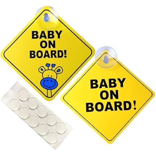 Baby on board sticker for cars, Signs for car, 5" by 5" Warning Sticker Notice Board with Suction Cups and Nano Stick (2 PACK)