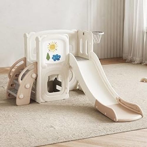 ASAP Toddler Slide Indoor with Climber, Basketball Hoop, Painting Board, Tunnel and Storage Space 6-in-1, Kids Slide for Toddlers 1-3, Indoor Playground Set for Toddlers Freestanding Slides (no Swing)
