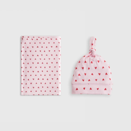 Bamboo Swaddle & Hat Bundle - Painted Hearts