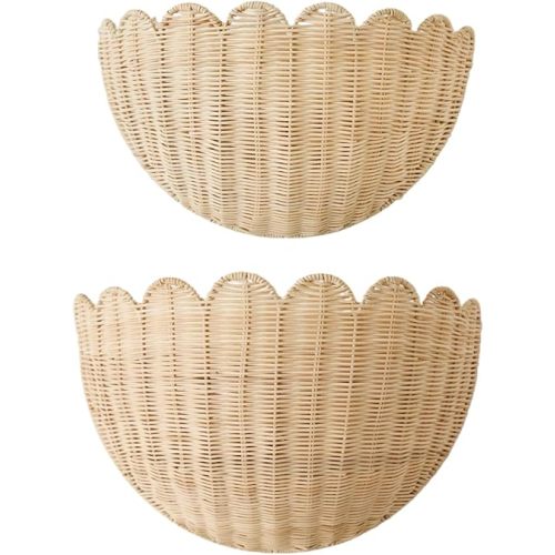 Scalloped Wall Hanging Shelves, Hand-Woven Wicker Wall Basket Decor, Boho Natural Rattan Decor – for Home, Living Room, Nursery Room (16 x 12 x 7 & 14 x 8 x 6 Inch)