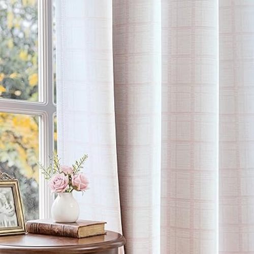 Beauoop Pink Plaid Jacquard Blackout Curtains 84 Inches Long 2 Panels for Bedroom Living Room Gingham Checkered Room Darkening Thermal Insulated Soundproof Grommet Window Drapes, 52x84 2 Set