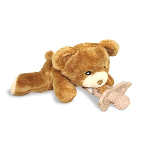 RaZbaby Bear RaZbuddy w/RaZberry Teething Relief Pacifier – Soothes Sore Gums w/Nature-Inspired Texture, 100% BPA-Free Silicone Teether, Detachable Stuffed Animal – 3 Months+ Teether, Coconut