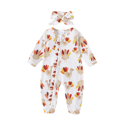 Newborn Baby Girl Thanksgiving Outfit Turkey Romper Long Sleeve Ruffle Zip Up Footed Jumpsuit Newborn Fall Winter Clothes