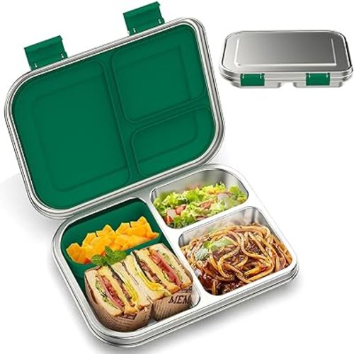 Stainless Steel Kids Leak-Resistant Bento Lunch Box, 3-Compartments with Silicone Container, Dishwasher-Safe, Child-Friendly Design for School, Picnics & Travel,BPA-Free (Green)