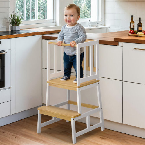 Harriet Bee Anti-tip Kids Kitchen Step Stool, Natural-bamboo Toddler Standing Tower With Anti-drop Bar & Reviews | Wayfair