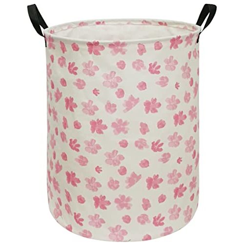 ACMUUNI 19.7 Inch Pink Flower Canvas Clothes Basket Laundry Hamper with Handles, Storage Basket for Kids Boys Girls Toys Room Bedroom Decor Nursery Home Gift Basket (Flower)