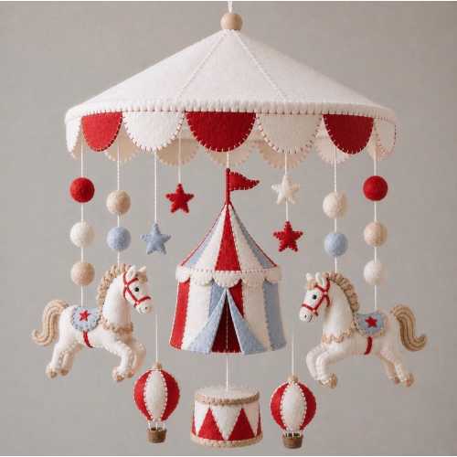 Handmade Felt Circus Baby Mobile: Clown, Elephant, Tent Nursery Decor