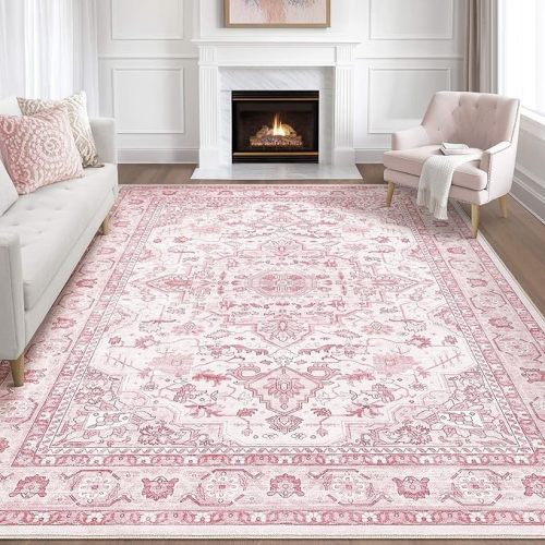 Pink Rugs for Bedroom Girls: 8x10 Washable Boho Large Neutral Cute Soft Area Rug Stain Resistant Floral Farmhouse Non Slip Indoor Floor Carpet for Living Room Nursery Kids Playroom Preppy Room Dorm