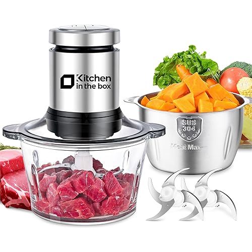 Kitchen in the box Food Processors,Small Meat Grinder & Food Chopper Electric Vegetable Chopper with 2 Bowls (8 Cup+8 Cup)& 2 Bi-Level Blades for Meat/fish/Vegetable/Baby Food (Sliver,8cup+8cup)