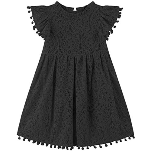 Toddler Girls Hollow Lace Pom Pom Flutter Sleeve Princess Party Dress