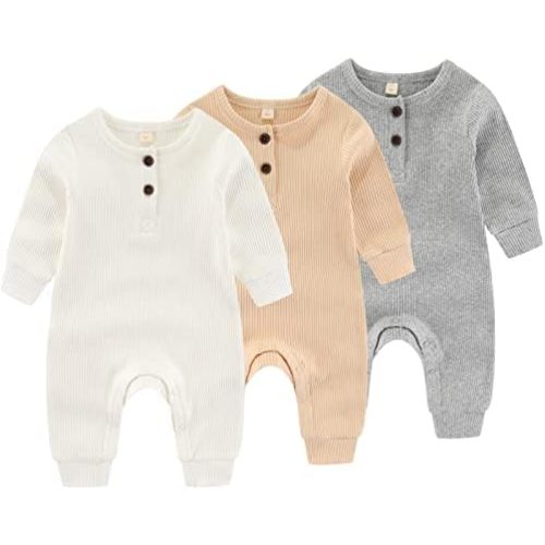 Newborn Baby Boys Girls One Piece Romper With Mitten Cuffs 3 Pack Long Sleeve Ribbed Button Jumpsuit Outfit Clothes
