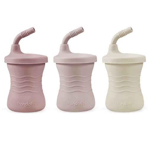 PandaEar 3 Pack Silicone Baby Training Cup, Straw Cups,Shatterproof Toddler Sippy Cups Drinking Sippy Cups for Baby and Toddler 6 Months+ 5 Oz (Pink/Light Pink/Linen)