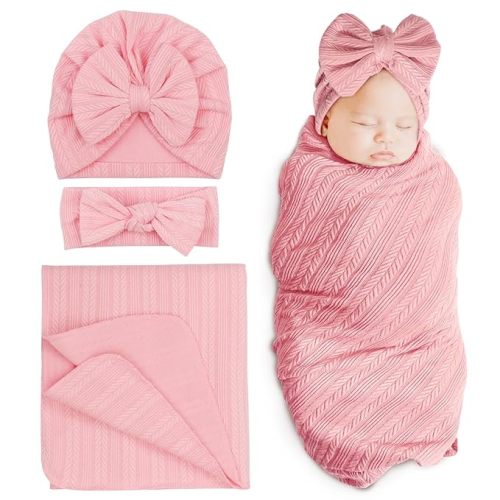DRESHOW BQUBO Newborn Receiving Blanket Toddler Warm for Girls with Bow Hat and Bow Headband Shower Gift
