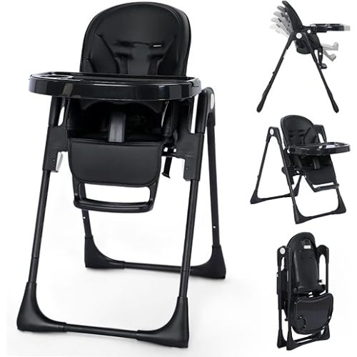 Kinder King Convertible High Chair for Babies & Toddlers, Adjustable Baby Feeding High Chair with Removable Double Tray, Simple Compact Fold for Space-Saving, 2 Built-in Wheels, Easy to Clean, Black