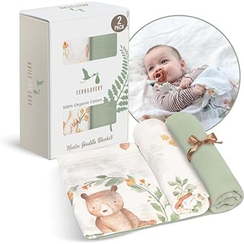 Fern & Avery Organic Receiving Blankets for Boys & Girls - Lightweight Breathable Organic Cotton - Gender Neutral Swaddle Blankets - Woodland Theme