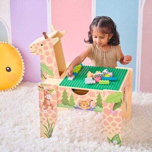 Teamson Kids Jungle Giraffe 2-in-1 Wooden Activity Table with 24-Piece Play Set