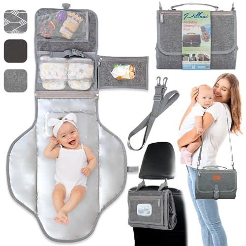 Portable Changing Pad for Baby, Travel Diaper Changing Pad for Newborn, Large Waterproof Baby Changing Mat, Foldable & Detachable Diaper Changing Station with Baby Wipes Pockets, Baby Stuff by Pillani