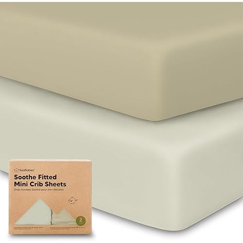 2-Pack Mini Crib Sheets Fitted - Pack N Play Sheets for Pack and Play Mattress, Organic Cotton, Soft & Breathable Jersey Playard Bedding, Neutral Mini Toddler Bed Cover for Boys, Girls (Lichen)