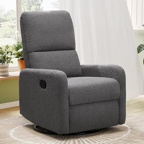 Jocisland Swivel Rocker Recliner Chair for Adults, Nursery Rocking Reclining with High Back, Small Glider for Small Spaces/Living Room/Bedroom/Nursing, Gray Teddy (No Side Pockets)