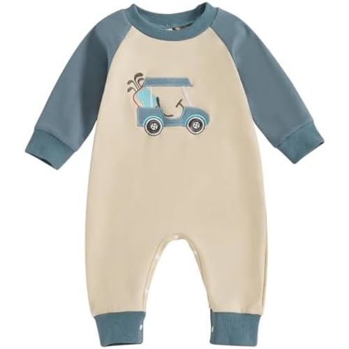 3-6 MONTHS - SAYOO Infant Baby Boy Golf Outfit Crew Neck Embroidery Golf Cart Romper Jumpsuit Patchwork Long Sleeve One Piece Playsuit