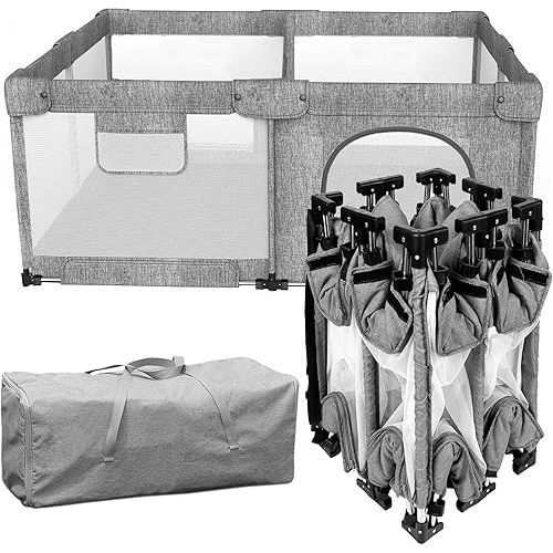 Foldable Baby Playpen with Gate, Extra Large Collapsible Play Yard for Babies & Toddlers, Portable Travel Playpen, Baby Activity Center for Indoor & Outdoor Use (Grey 51"×51")