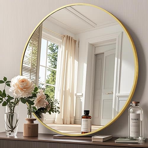 Gold Round Mirror 24 inch, Metal Frame Circle Mirror, Round Bathroom Mirror for Wall Decor, Gold Mirror for Living Room, Bathroom, Wall, Entryway,