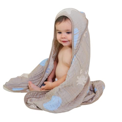 HardNok Ultra-Soft Muslin Baby Hooded Towel - 32 x 32 Inches, Ideal for Bath & Beach, Suitable for Both Boys & Girls from Newborns to Toddlers（Ocean Coffee
