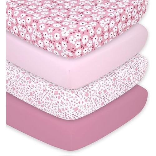 The Peanutshell 4-Pack Fitted Crib Sheet Set - Super Soft & Breathable Baby Girl Crib Sheets, Nursery Decor, Fit for Standard Mattress Cover- Daisy