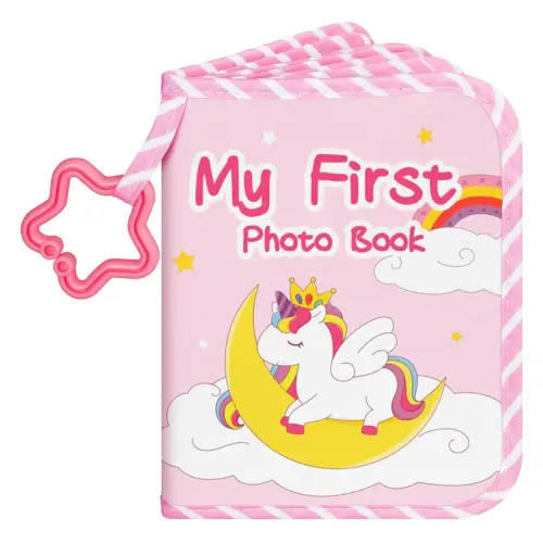 Lanpn Baby Photo Album Holds 17 4x6 Pictures, My First Soft Cloth Family Photo Book with Name Card & Name Tag Sticker, Fabric Kid Memory Keepsake Gift for Baby Shower Newborn Toddler Girl (Unicorn)