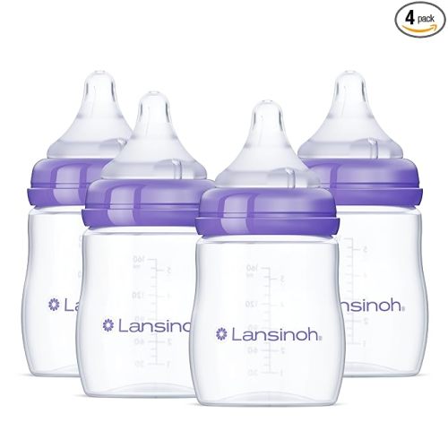 Lansinoh Anti-Colic Baby Bottles for Breastfeeding Babies, 5 Ounces, 4 Count, Includes 4 Slow Flow Nipples, Size S