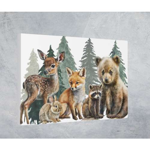 Woodland Animal Panoramic Canvas Art, Bear Fox Deer Wall Decor, Forest Animal Nursery Wall Art, Watercolor Print, Toddler Room Animal Art