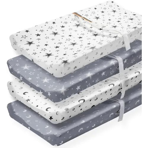 4 Pack Star and Moon Neutral Unisex Fitted Baby Sheets Set for Baby Boys or Girls (Changing pad Cover)