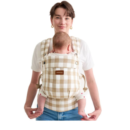 Momcozy Baby Carrier with Natural Cotton Linen, Built to Last, Ergonomic Design, Lightweight and Comfortable, Hands-Free for Moms&Dads, Brown Checkerboard