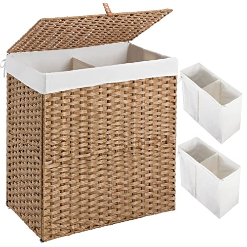 GREENSTELL Laundry Hamper with lid, No Install Needed, 110L Wicker Laundry Baskets Foldable 2 Removable Liner Bags, 2 Section Clothes Hamper Handwoven Synthetic Rattan Laundry Basket with Handles, Natural 22.2x13.3x24.0 Inches