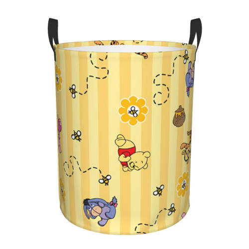 Classic Winnie The Pooh Nursery Storage Basket, Large Barrel Shaped Laundry Hamper With Waterproof PE Coating, Foldable, Bathroom and Bedroom Set, Clothes,Toys Bin-Medium