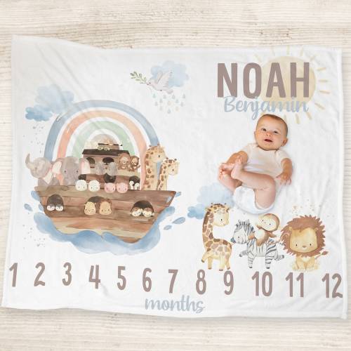 Noah's Ark Milestone Blanket for Baby Boy, Months, Personalized with Name, Adventure Baby Nursery, Newborn Photo Prop, Boy Bedding, Rainbow