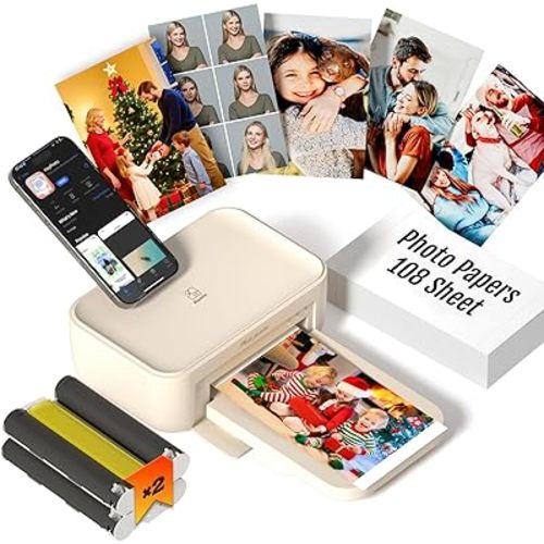 iDPRT 4x6 Photo Printer, CP4100 Instant Photo Printer for iPhone & Android with 108 Sheets & 2 Cartridges, Wireless Portable Picture Printer, 300DPi Thermal Dye Sublimation, Beige