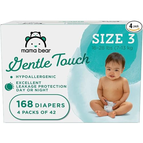 Amazon Brand - Mama Bear Gentle Touch Diapers, Hypoallergenic, Size 3, 168 Count (4 packs of 42), White - Size 3 (168 Count)