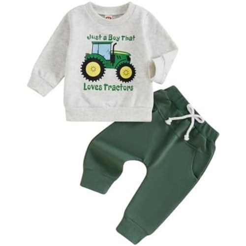 Toddler Boys Fall Outfits Farm Truck Letter Print Long Sleeve Crew Neck Sweatshirts Pocket Pants 2Pcs Clothes Set