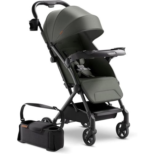 Mompush Lithe V2 Lightweight Stroller with Snack Tray & Organizer, Ultra-Compact Fold & Airplane Ready Travel Stroller, Near Flat Recline Seat, Cup Holder, Raincover & Travelbag Included