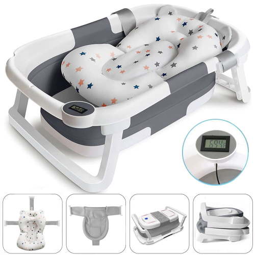 TOPCHANCES Foldable Baby Bathtub, Travel Newborn Bath Tub with Bath Cushion & Bath Net, Grey